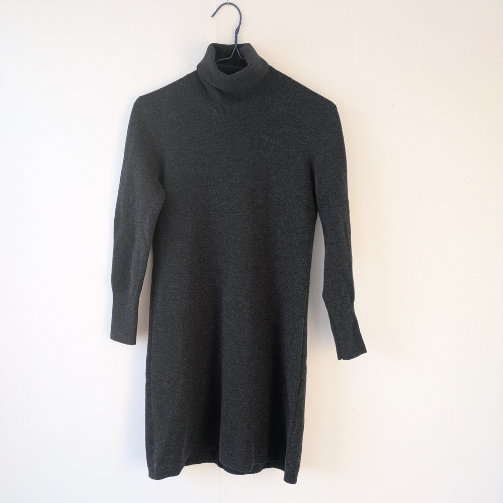 Theory Dark Gray Turtleneck Long Sleeve Wool Fitted Mini Dress Size Small
